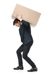 Shop assistant carries the parcel, isolated, white background