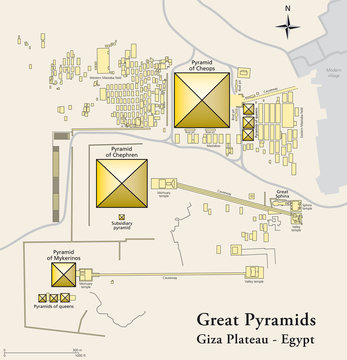 Pyramids of Giza map. Illustration of the Giza Necropolis with the pyramids of Giza, the archeological site on the Giza Plateau. Map of all important sights. English labeling. Vector.