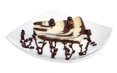 cheesecake with chocolate sauce.