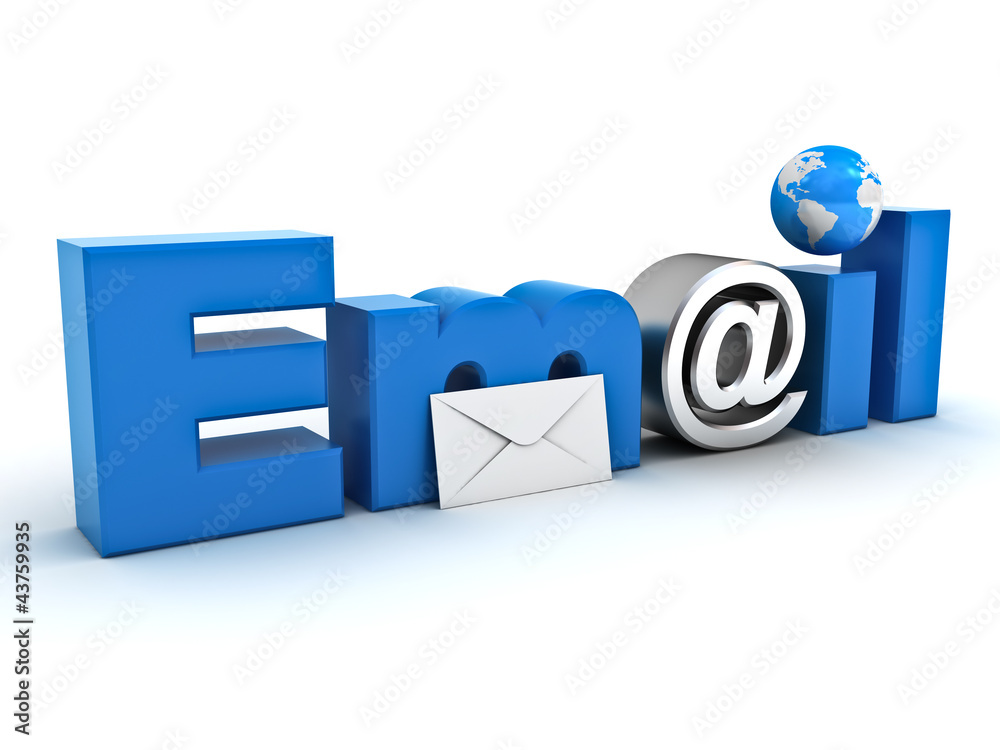 Poster email concept, word email with envelope, globe map and at sign