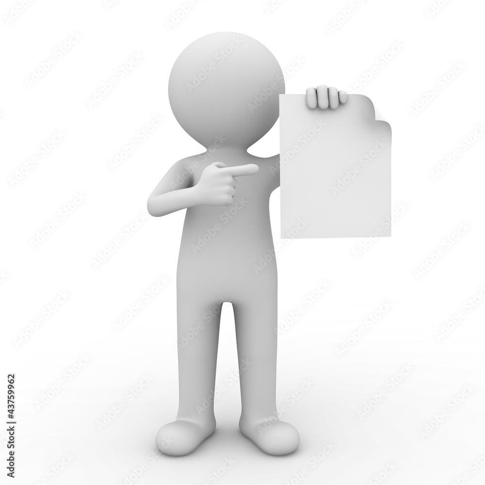 Aufkleber 3d man showing blank paper and pointing finger at it