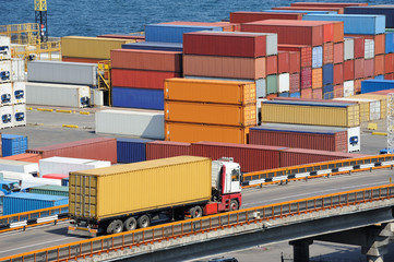 truck transport container to warehouse near sea