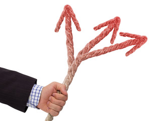 Hand holding rope with red arrows, making choice concept