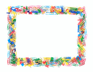 Frame of office supplies isolated on white background