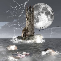 Morski krajobraz fantasy z ciemną wieżą