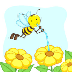 vector illustration of happy bee sucking honey from flower