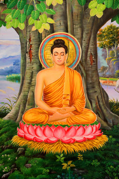 Buddha's biography painting on wall of Wat Pa Samoson