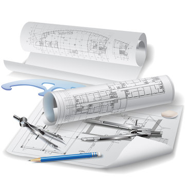 Architectural background with rolls of drawings