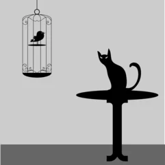 Papier Peint photo Lavable Oiseaux en cages Chat regardant un oiseau dans une cage
