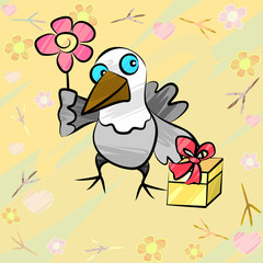 Funny bird with gift and flower