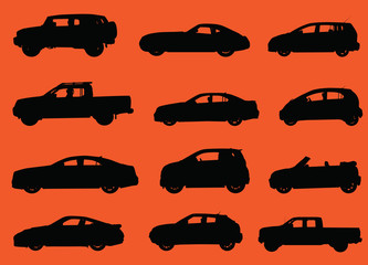 Various city cars silhouettes isolated on red background.