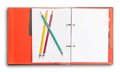 red notebook and pencil isolated with clipping path