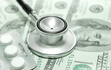 health care costs - Stethoscope,pills and money