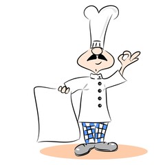 A proud cartoon chef holding a blank menu recipe with copy space