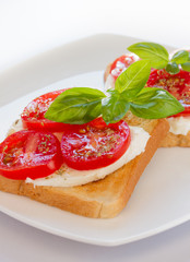 Bread with mozzarella tomatoes and basil leaves
