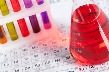 Set of test tubes and flask with colored liquids