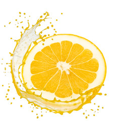 Splash with grapefruit slice isolated on white