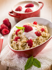 risottto with raspberries and yoghurt, healty food