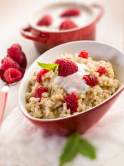 risottto with raspberries and yoghurt, selective focus