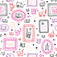 Seamless cat kitten ornament kids background pattern in vector - 43783370