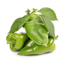 green pepper with leaves isolated on white  background .