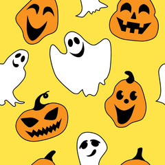 Seamless halloween pattern with ghosts and pumpkins