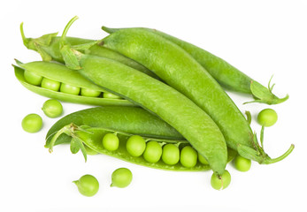 fresh pea fruit with green leaf isolated on white background