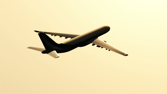 Airplane flying in the sunset 3D render