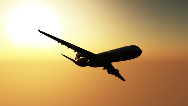 Airplane flying in the sunset 3D render