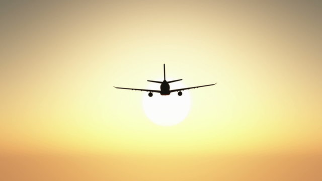 Airplane flying in the sunset 3D render