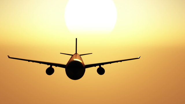Airplane flying in the sunset 3D render