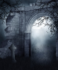 Ruiny cmentarnej bramy nocą - obrazy, fototapety, plakaty