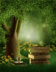 Plakat Książki na leśnej polanie
