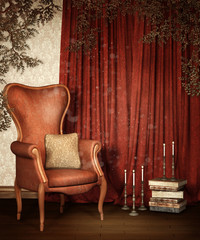 Stary pokój z czerwonymi zasłonami i fotelem retro © Obsidian Fantasy