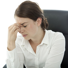 young brunette business woman headache touch her head