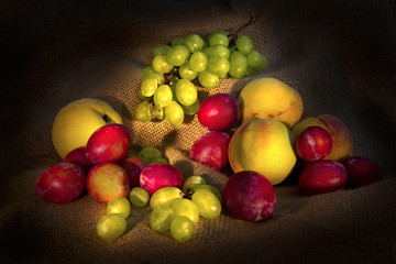 Mixed fruits on jute canvas