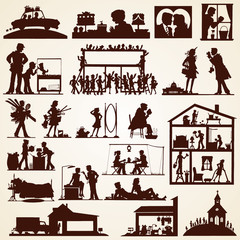Family silhouettes, vector set of twenty various occasions
