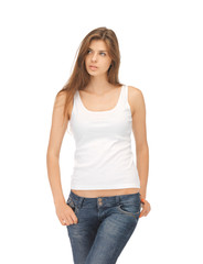 Obraz premium calm and serious woman in blank white t-shirt