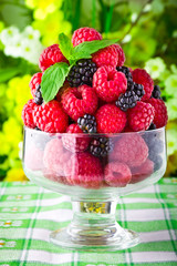 Sweet fresh fruits in glass goblet with mint leaf