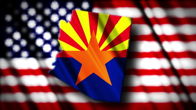 Flag of Arizona in the shape of Arizona state with the USA flag 