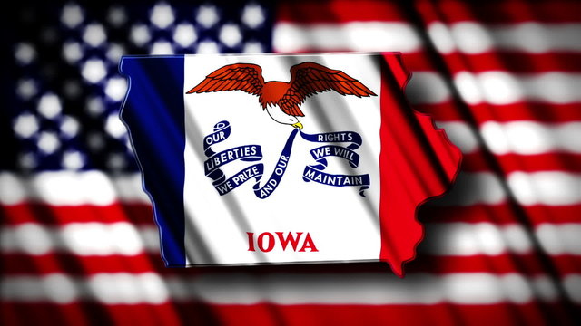Flag of Iowa in the shape of Iowa state with the USA flag in the