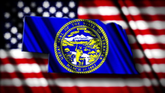 Flag of Nebraska in the shape of Nebraska state with the USA fla