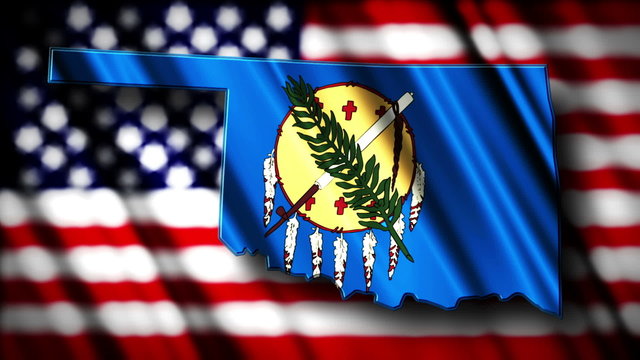 Flag of Oklahoma in the shape of Oklahoma state with the USA fla