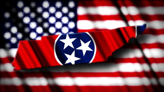 Flag of Tennessee in the shape of Tennessee state with the USA f