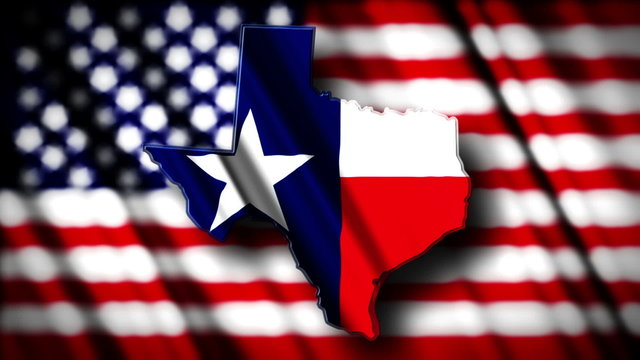 Flag of Texas in the shape of Texas state with the USA flag in t