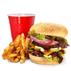 Burger mit Pommes Frites und Becher