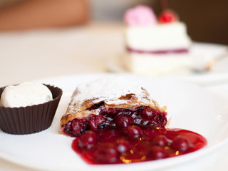 Tasty fruit cake and ice cream