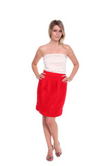 Happy young woman in red dress.