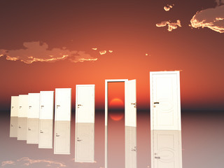 Single ope door in surreal landscape with setting or rising sun