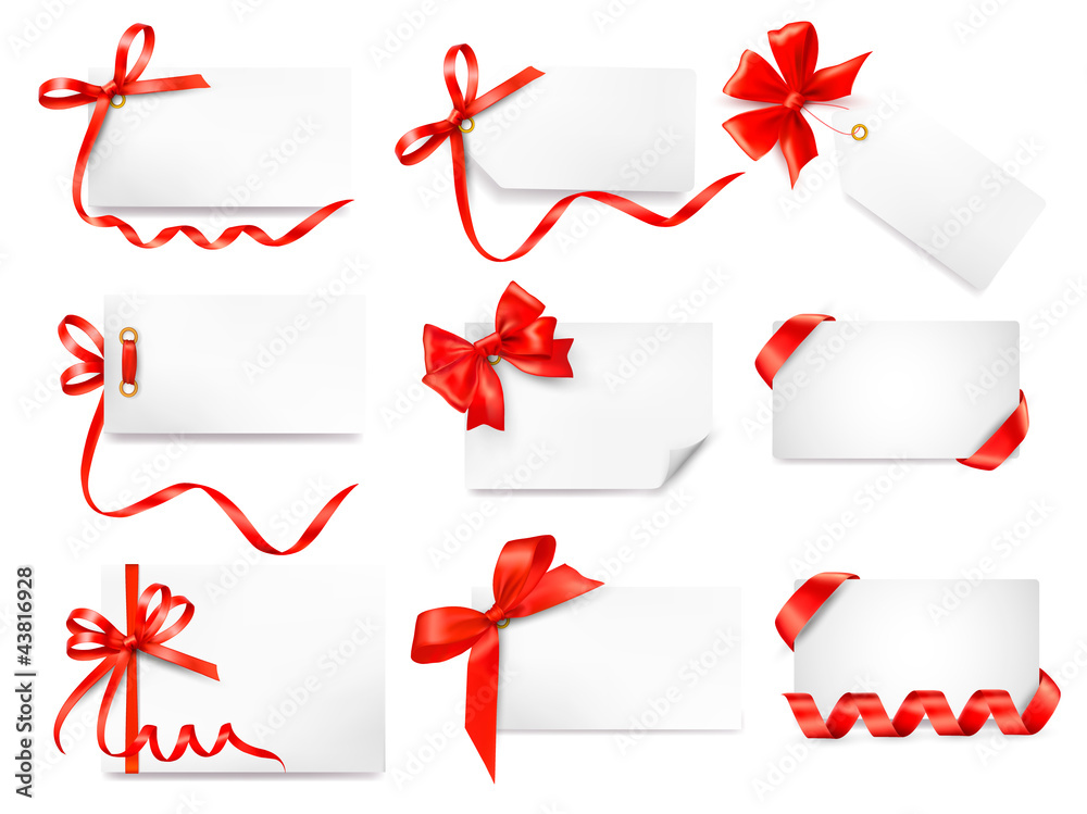 Poster set of card note with red gift bows with ribbons vector